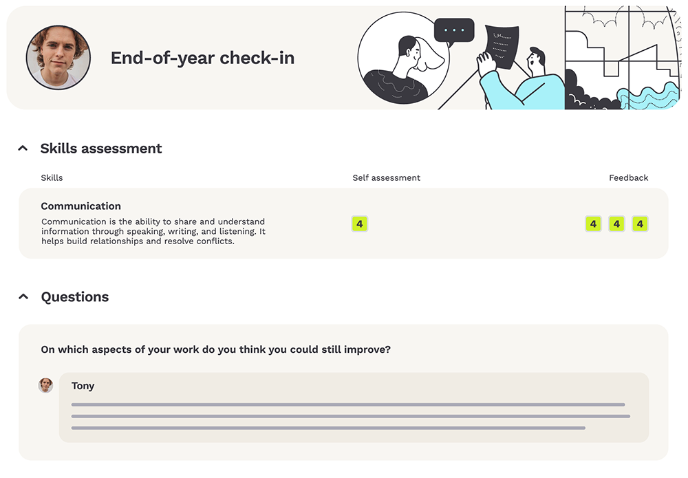 Performance review software with self-assessment and feedback from peers